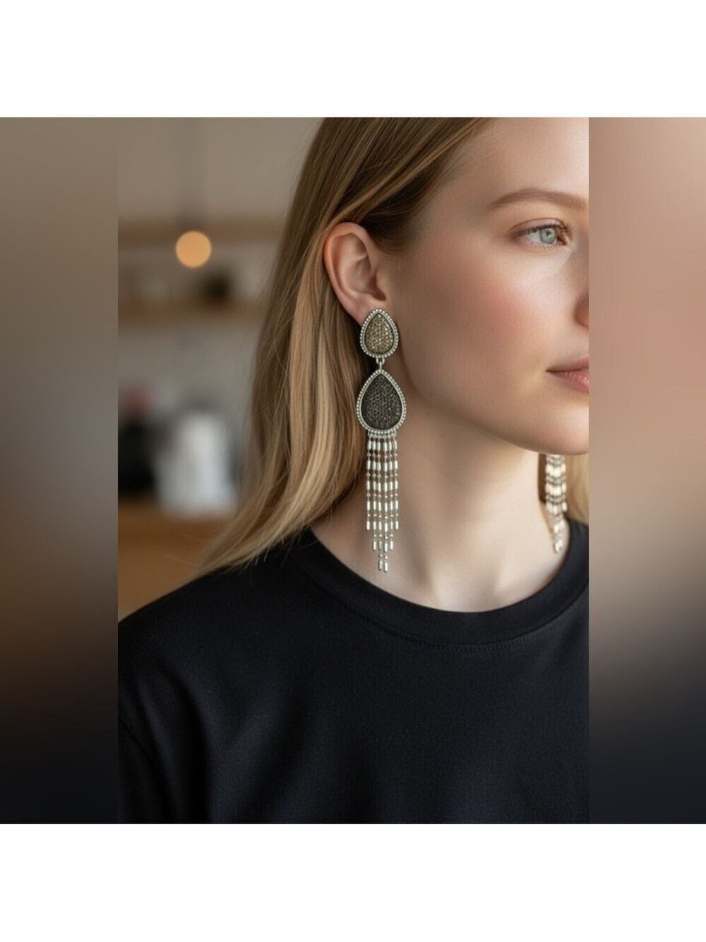 Lux Silver and Black Teardrop Dangle Earrings